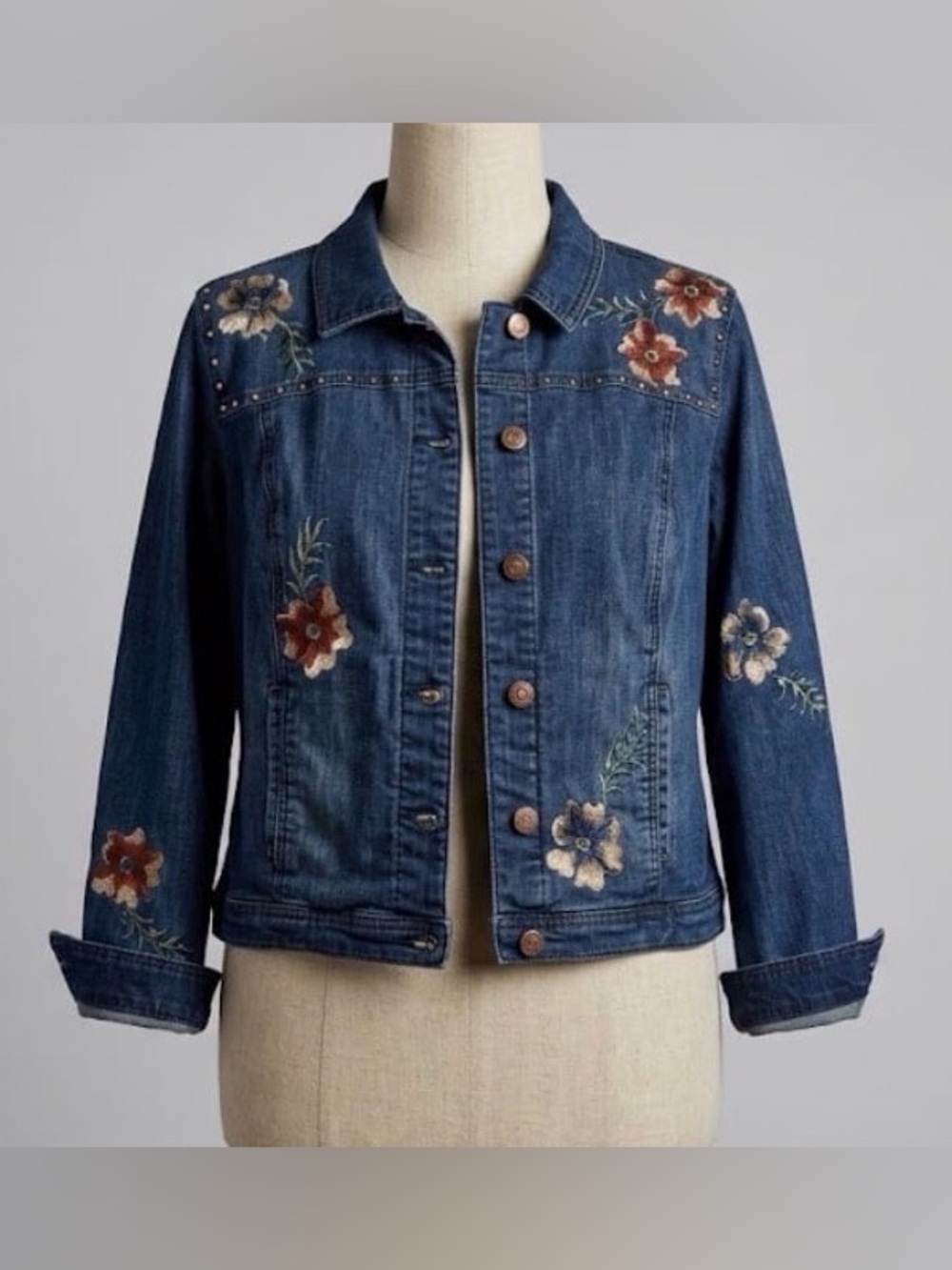 CJ Banks Women Denim Jacket Embroidered Floral Studs Cottagecore Grandmacore XL